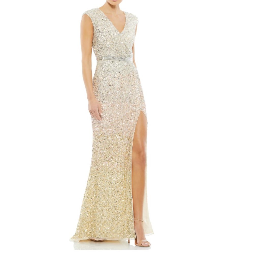 MAC DUGGAL CAP SLEEVE SEQUINED HIGH SLIT GOWN